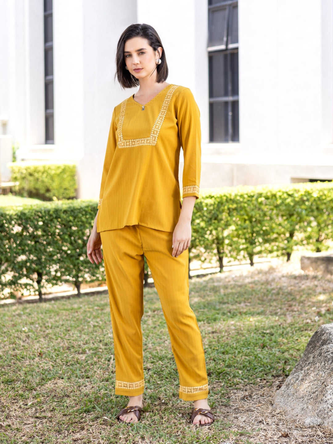 Viscose Blend Golden Yellow Solid Ethnic Set