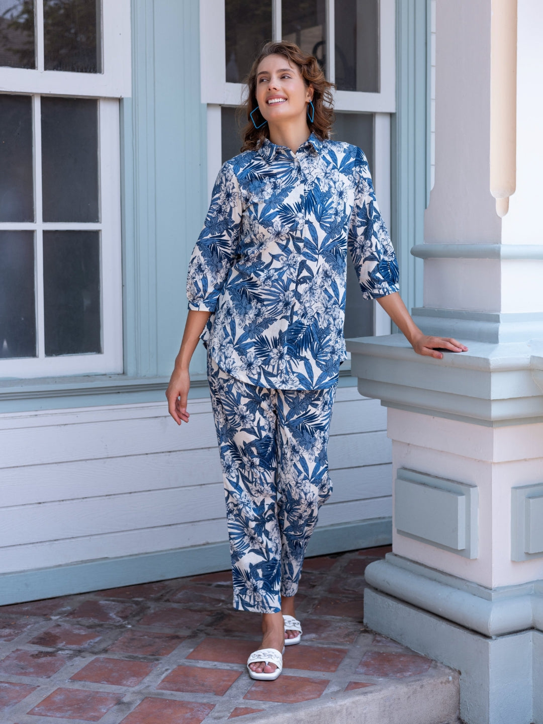 Cotton Linen Indigo Blue All Over Print Co-Ord Set