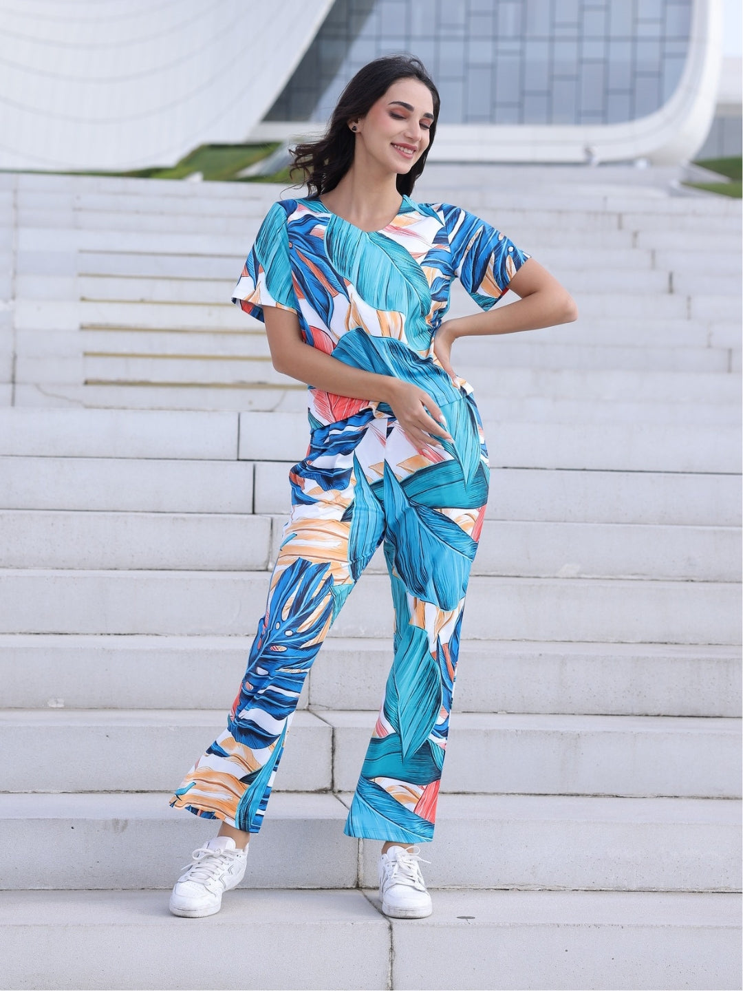 Looper lycra Tropical Blue Printed Co-ord set