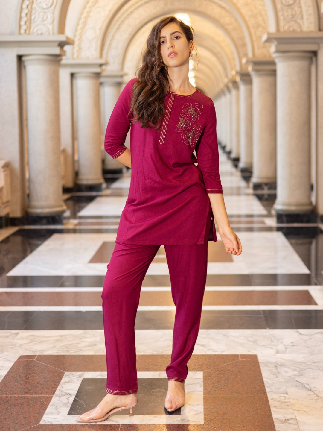 Liva Viscose Maroon Embroidery Co-Ord Set