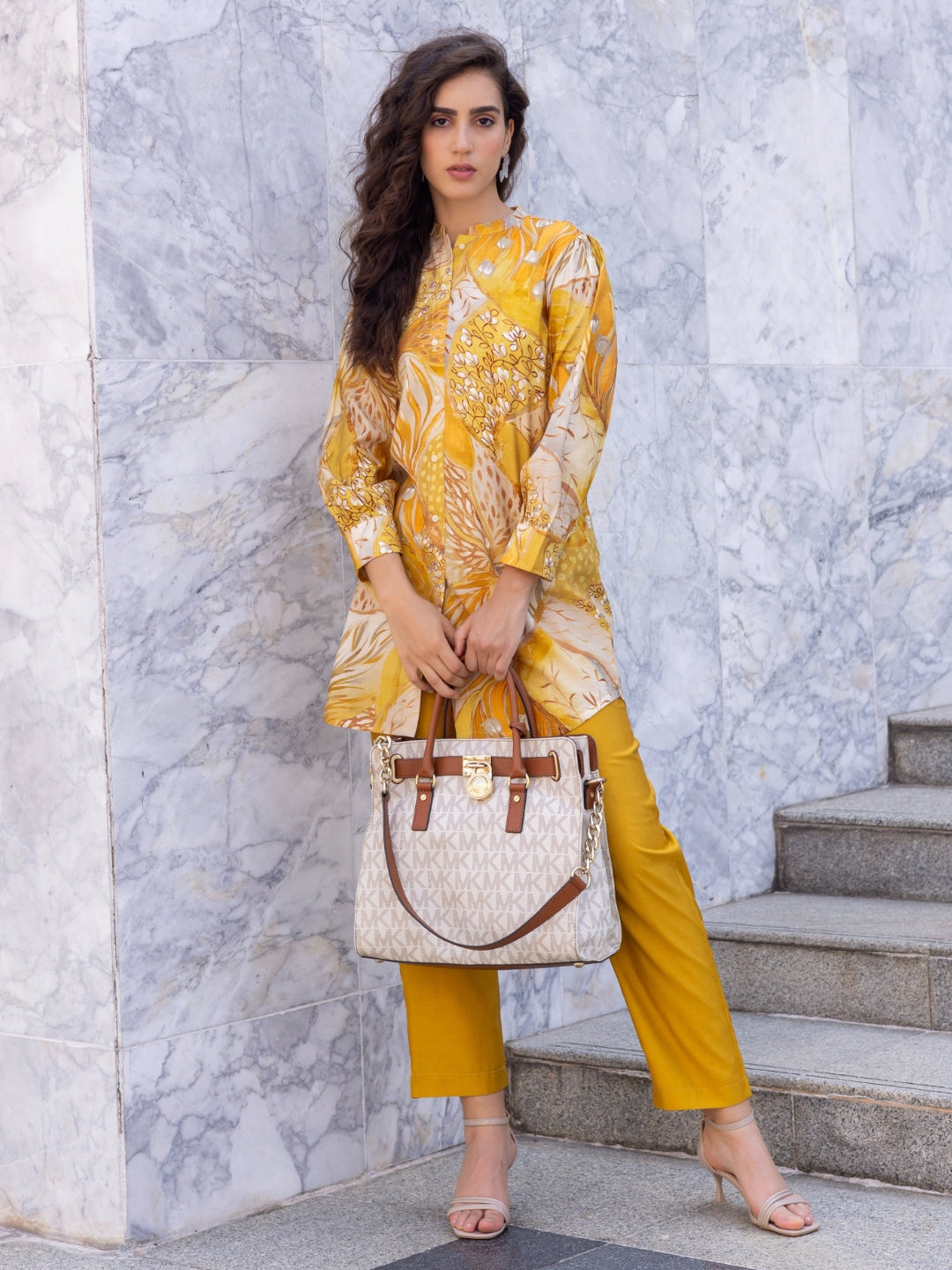 Modal Muslin Orange Gold All Over Print Kurti Set