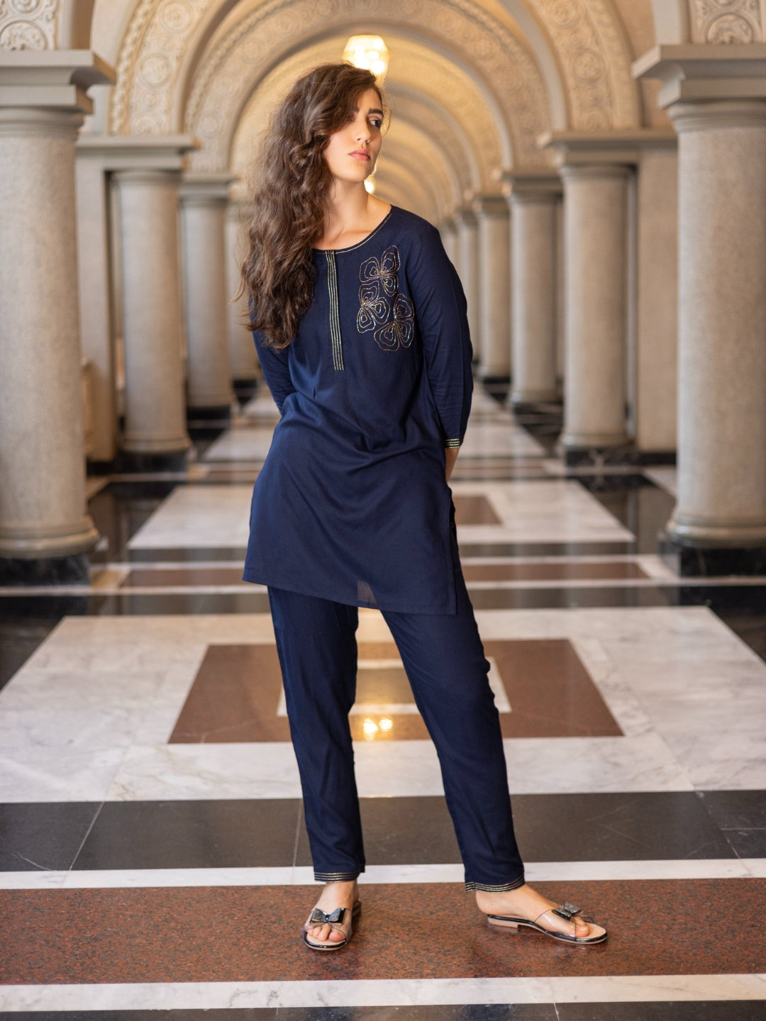 Liva Viscose Blue Embroidery Co-Ord Set