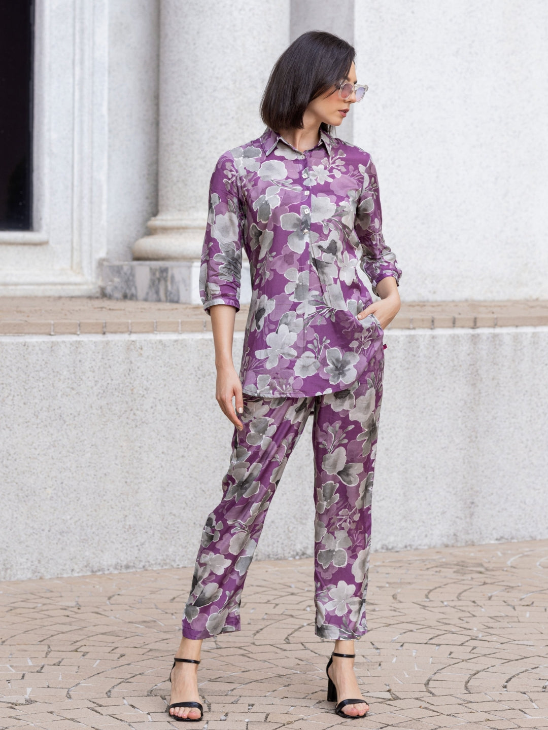 Paper Silk Sheen Purple All Over Print Co-Ord Set