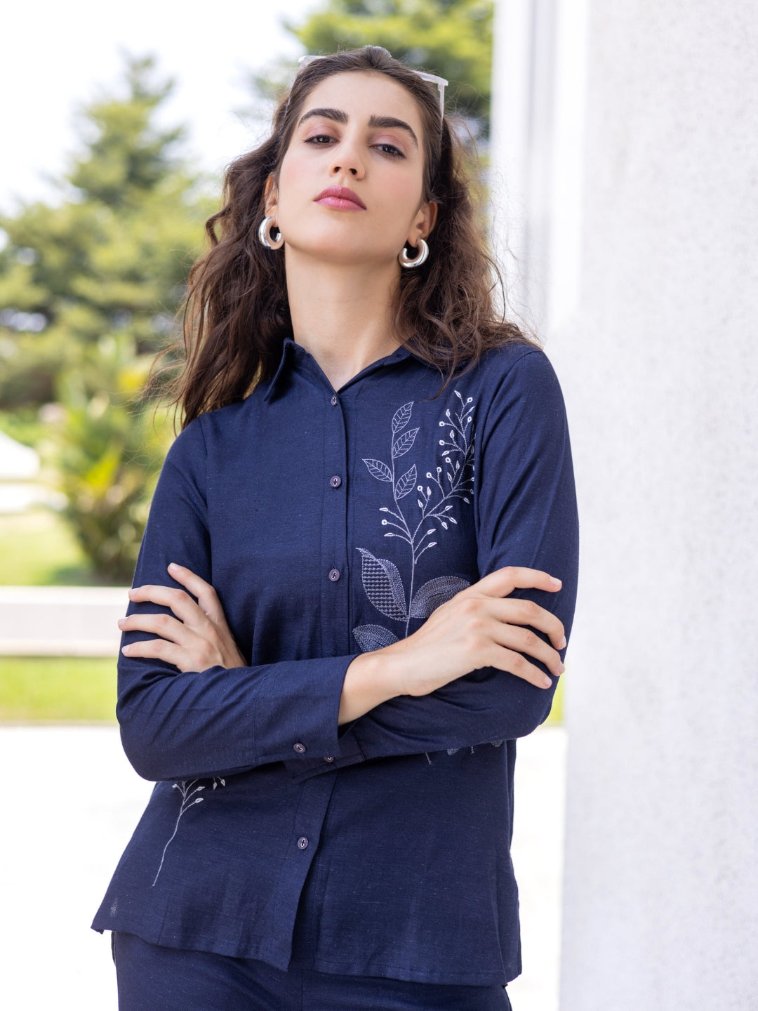 Viscose Linen Navy Blue Solid With Embroidery Co-Ord Set