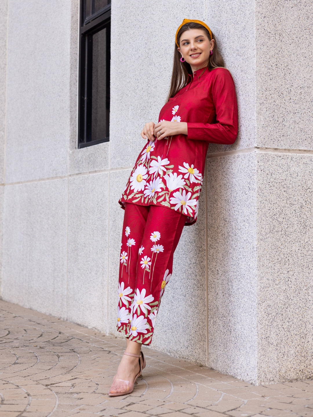 Rayon Touch Red Placement Print Co-Ord Set