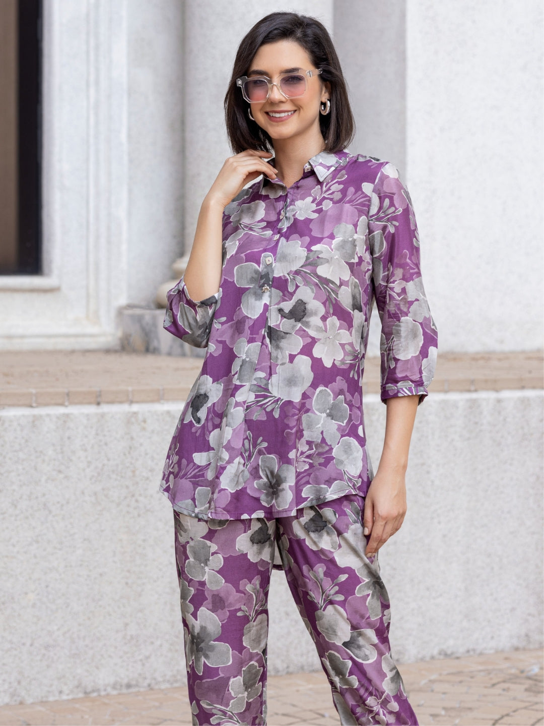 Paper Silk Sheen Purple All Over Print Co-Ord Set