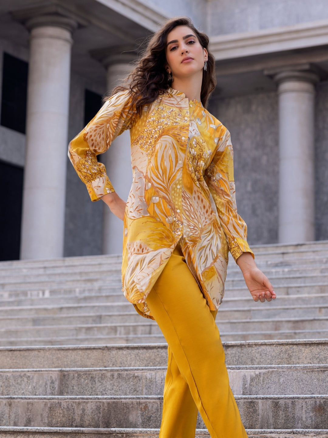 Modal Muslin Orange Gold All Over Print Kurti Set