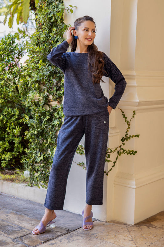 Rib Elastane Navy Blue Solid Winter Set