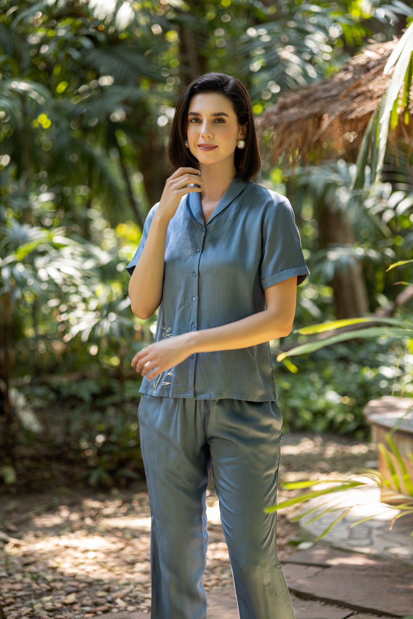 Viscose Satin Dull Blue Chest Print Pyjama Set