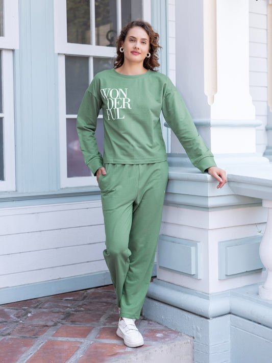 Cotton Rich Blend Light Green Chest Print Winter Set