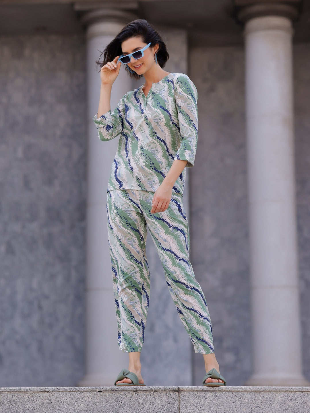 Viscose Blend Sage Green All Over Print Co-Ord Set