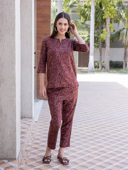 Viscose Blend Rust All Over Print Ethnic Set