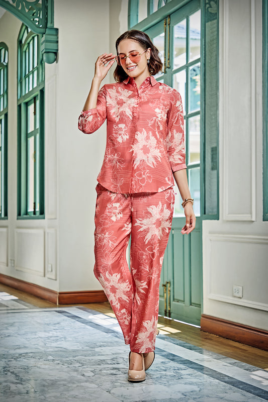 Paper Silk Three Quarter Sleeves Coral Co-Ord Set