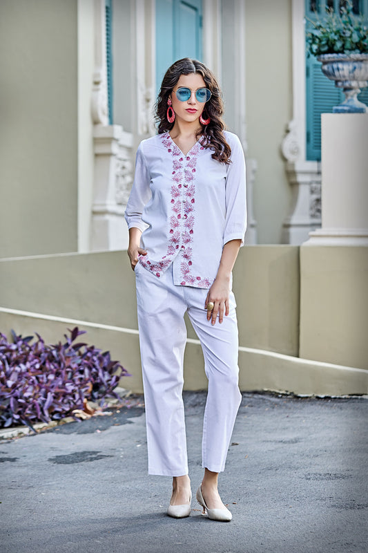 Cotton Flex Three Quarter Sleeves White Embroidery Co-Ord Set
