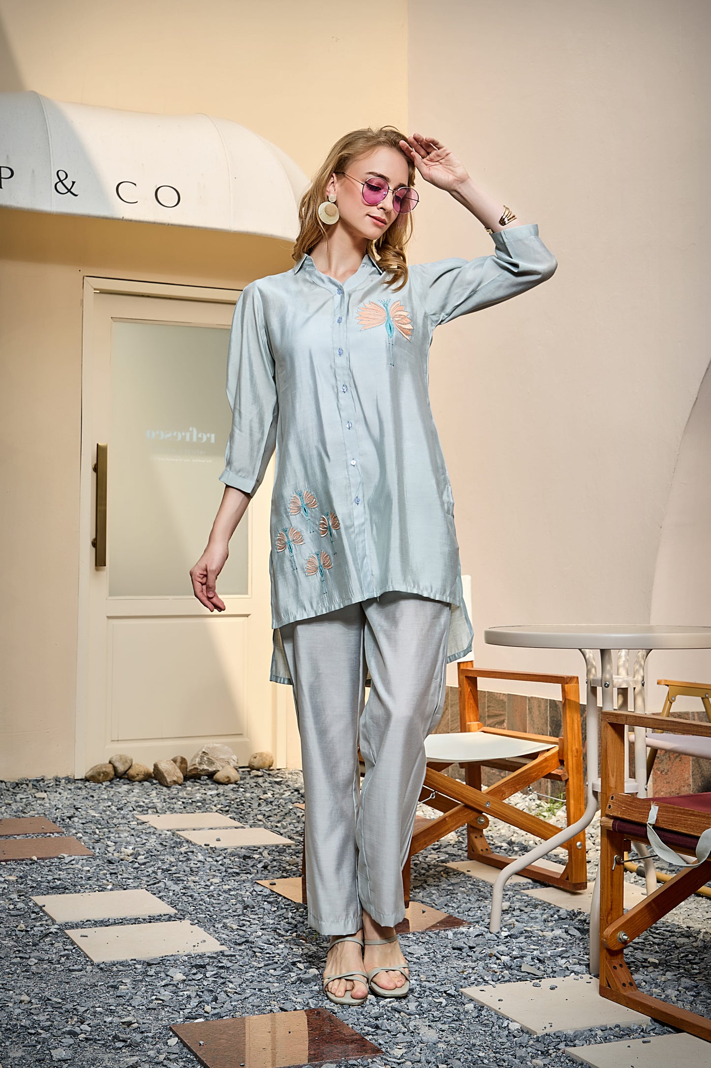 Roman Silk Three Quarter Sleeves Aqua Embroidery Co-Ord Set