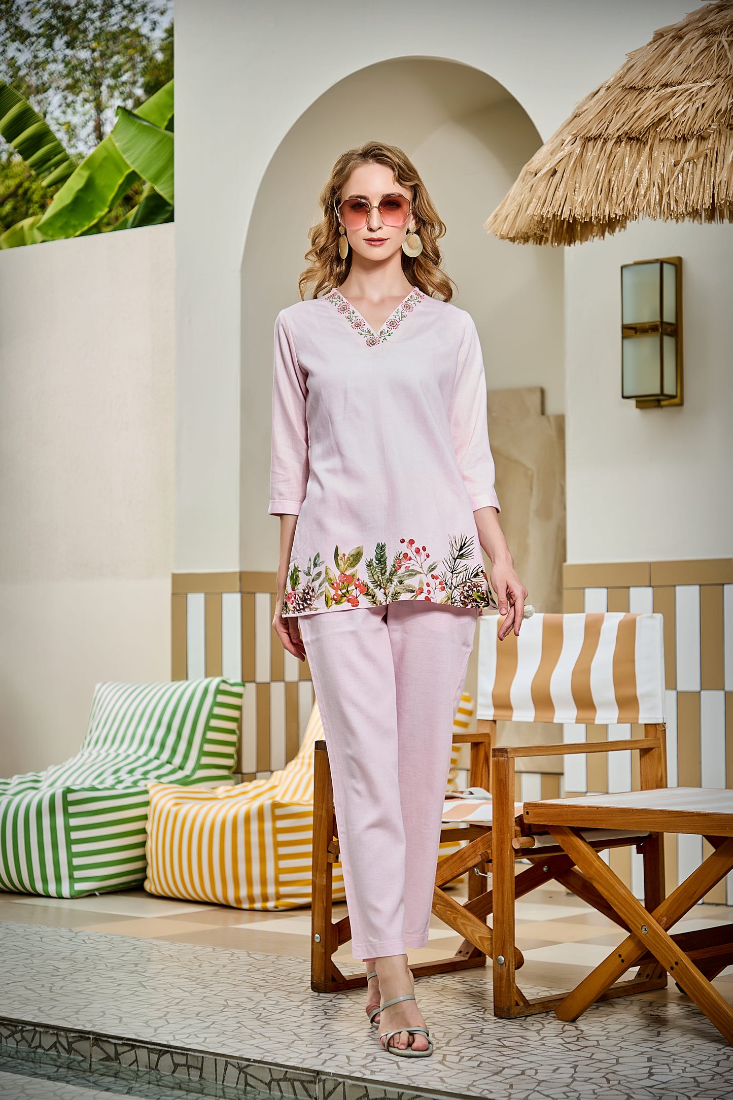 Rayon Flex Three Quarter Sleeves Light Pink Embroidery Co-Ord Set
