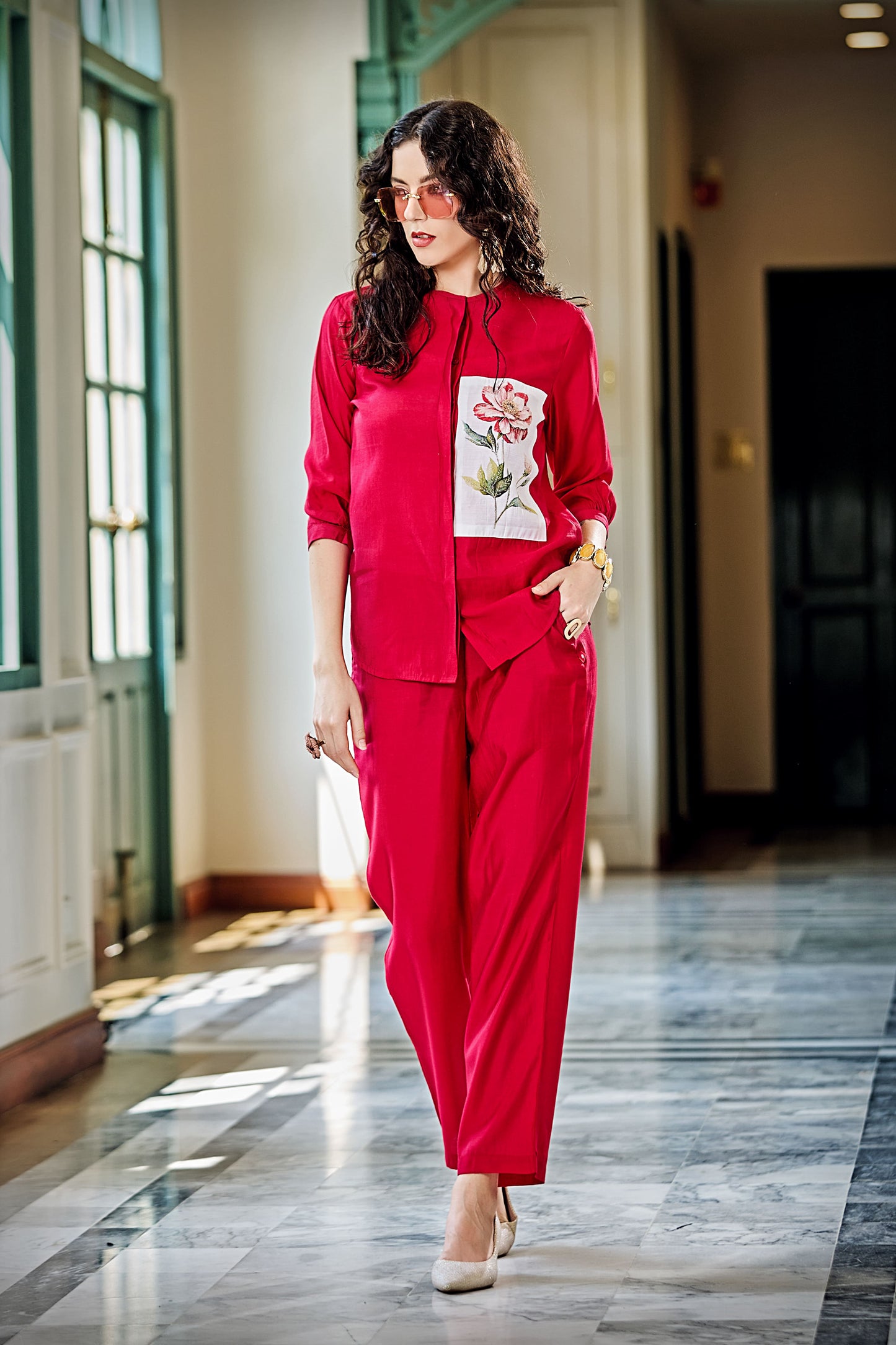 Roman Silk Three Quarter Sleeves Fuschia Embroidery Co-Ord Set