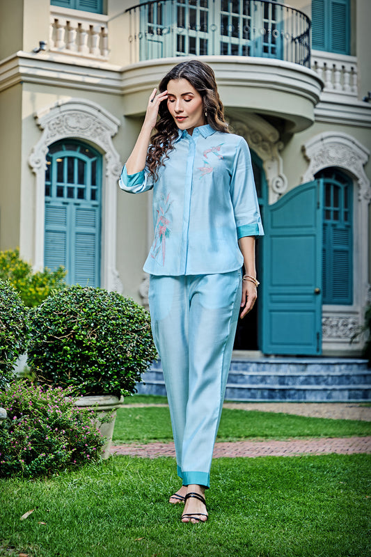 Roman Silk Three Quarter Sleeves Sky Blue Embroidery Co-Ord Set