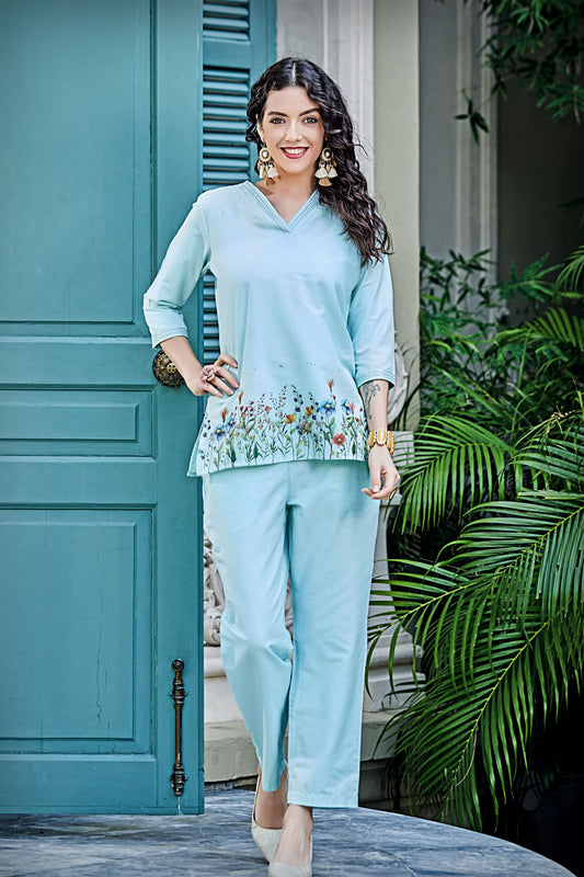 Cotton Flex Three Quarter Sleeves Aqua Co-Ord Set