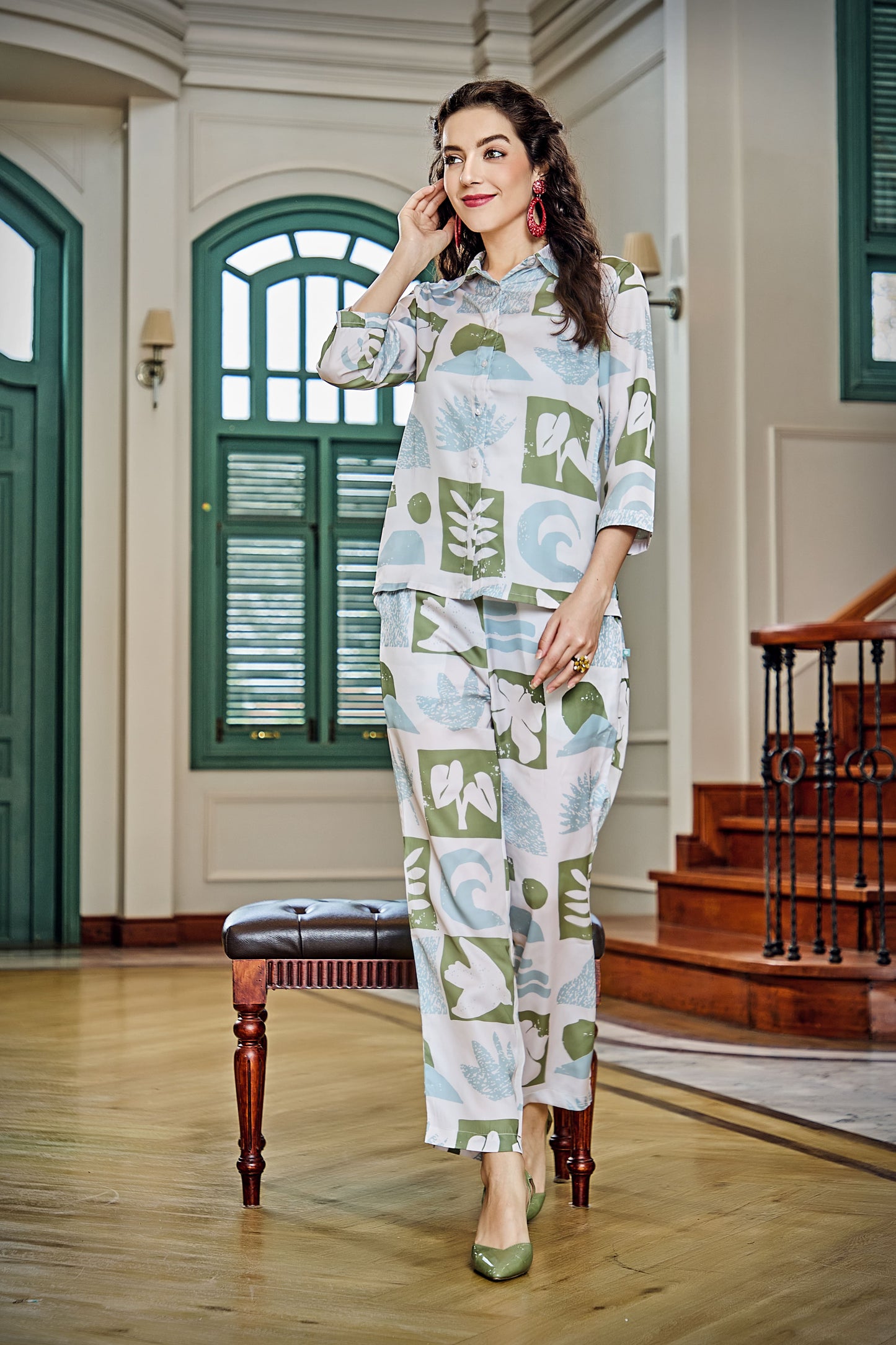 Satin Three Quarter Sleeves Green Co-Ord Set