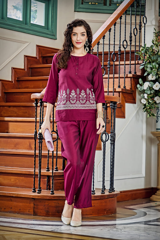 Roman Silk Three Quarter Sleeves Wine Embroidery Co-Ord Set