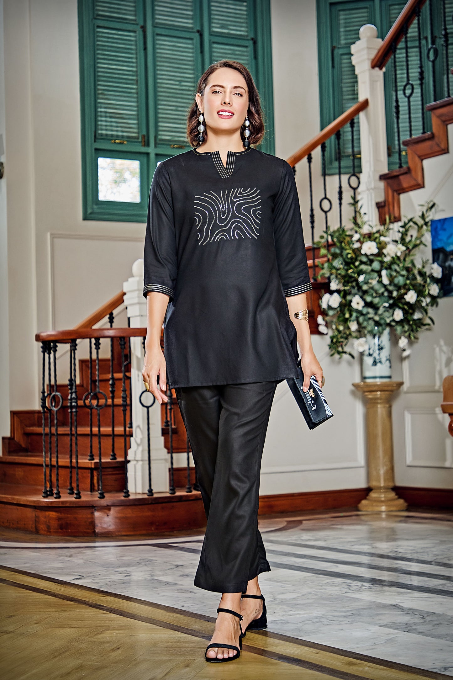 Rayon Three Quarter Sleeves Black Embroidery Co-Ord Set