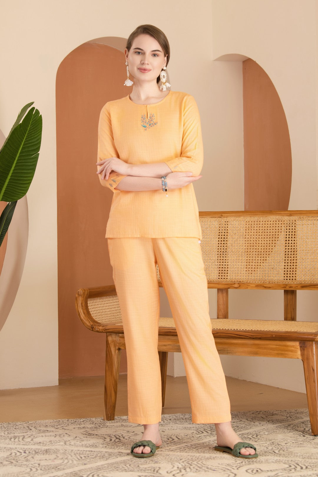 Viscose Dobby Peach Embroidery Co-Ord Set